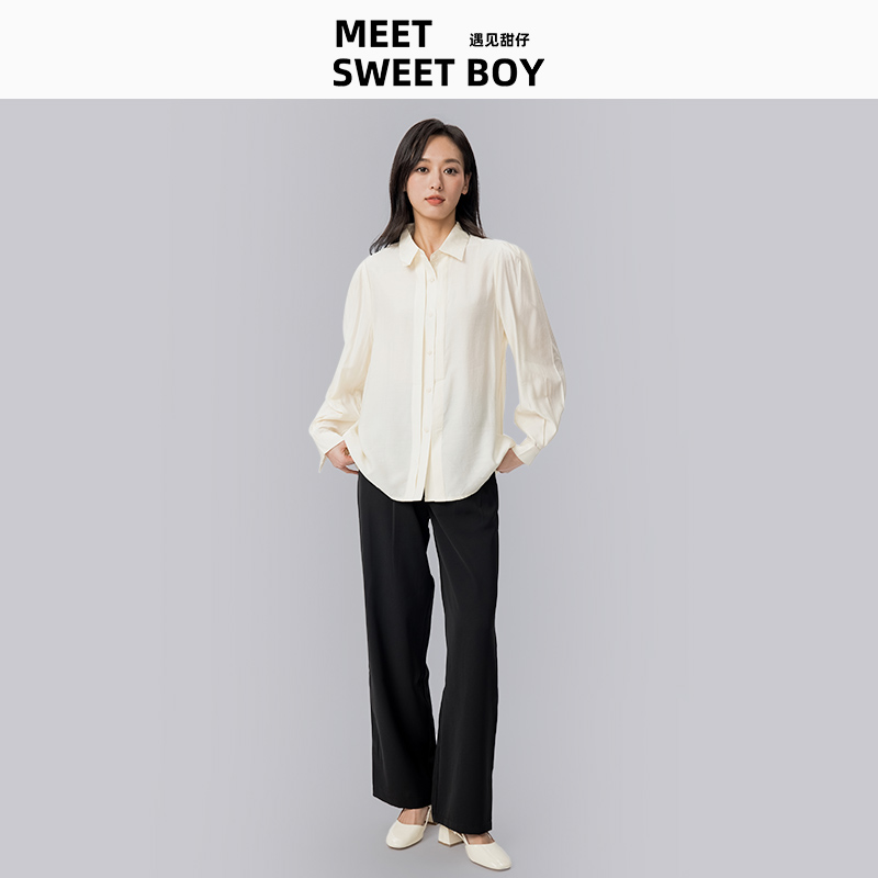 MEET SWEETBOY法式天丝衬衫女2024春夏新款气质白色衬衣宽松上衣 - 图3