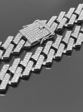 男士夸张个性加宽嘻哈镶钻棱形条形金链菱形古巴项链