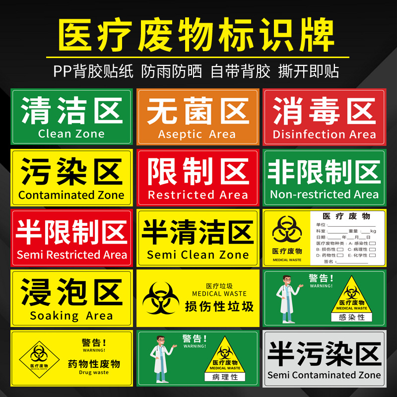 污染区标识牌清洁区拖把抹布分区标识医院拖把标识标识清洁工具存放处医疗废物危废分区分类标识贴纸定制-图0