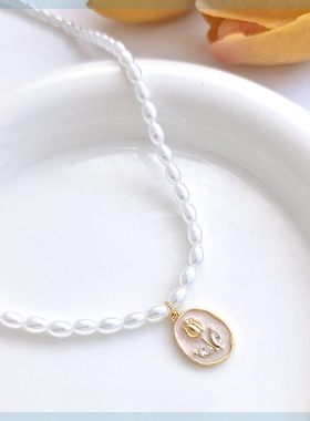 速发迪8复古港风气质珍珠项炼郁金香花朵吊坠颈炼仙范儿女锁骨链H