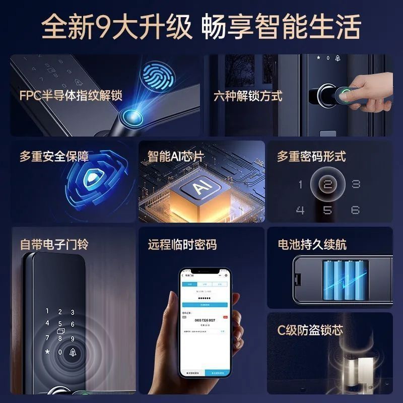 七彩虹智能门锁半自动指纹锁入户密码刷卡电子锁家用防盗公寓民宿 - 图0