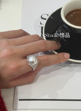 人造澳白冰雪皇冠珍珠戒指女2024年新款轻奢高级感925银指环