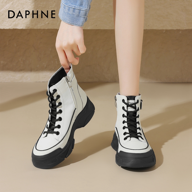 达芙妮Daphne~工装靴女高帮新款秋季真皮马丁靴厚底休闲中筒短靴 - 图1