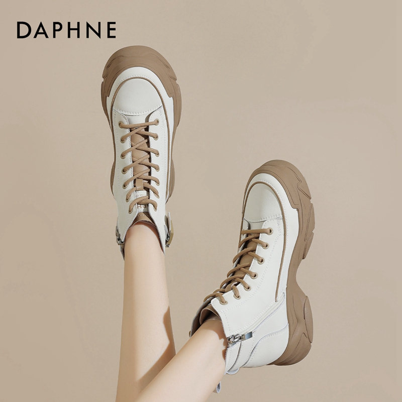 达芙妮Daphne~工装靴女高帮新款秋季真皮马丁靴厚底休闲中筒短靴 - 图2