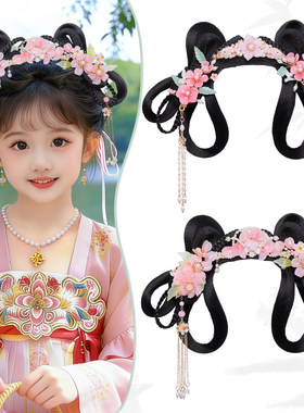 儿童汉服演出黑色花朵发髻假发