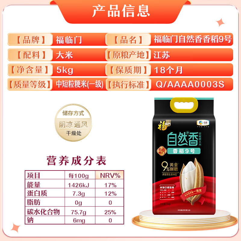 中粮福临门自然香香稻9号优质大米10斤稻花香米 自然香香稻9号5kg - 图1