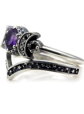 Hecate Triple Moon Ring Set Amethyst or Red Crystal Wedding