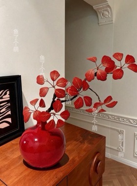 红色观音莲叶仿真花石榴花瓶摆件