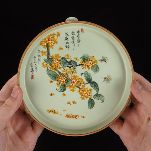 汝瓷手绘桂花摆件三足樽茶盘手工汝窑陶瓷盘省工大师定制款 - 图0