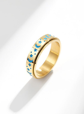 钛钢可旋转发光星星月亮不锈钢情侣戒指复古小众设计缓解焦虑戒指