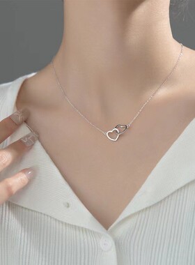 18k金 轻奢简约双环爱心锁骨链钛钢网红项链甜美小众个性设计饰品