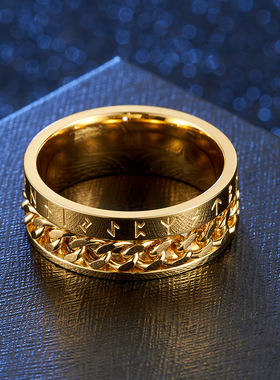 百搭潮男可转动钛钢维京文字链条戒指潮男女生个性指环网红配饰品