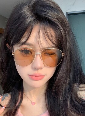 速发韩系复古飞行员双梁太镜茶蛤脸小显防镜茶色蟆紫外线太镜男