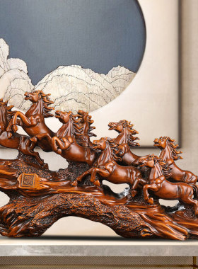 中式八骏雄风马摆件客厅办公室装饰品木质工艺品招财祈福桌面摆件