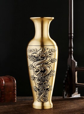 黄铜浮雕工艺品龙凤花瓶复古店铺装饰H品干花瓶插花净水瓶桌面摆