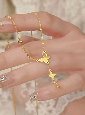 钛钢不褪色金色蝴蝶流苏项链