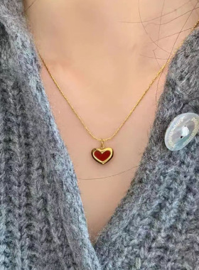 钛钢不褪色红色爱心项链