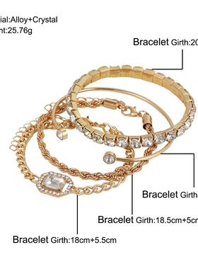 Open bracelets set 4 pieces麻花手链朋克镶钻开口手镯套装4条装