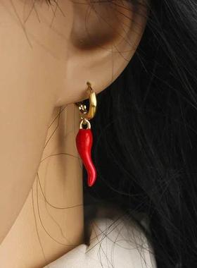 Filled Red Enamel Cute Chili Pendant Drop Earrings for Women