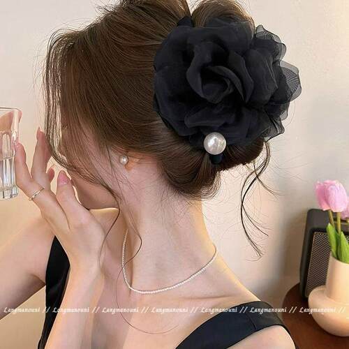玫瑰山茶~甜美花朵抓夹女2025新款大号氛围鲨鱼夹发夹高级感头饰 - 图0