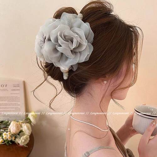 玫瑰山茶~甜美花朵抓夹女2025新款大号氛围鲨鱼夹发夹高级感头饰 - 图2