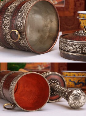 极速藏式尼泊尔吉祥纯铜糌粑盒八吉祥红铜银色打酥油X茶收纳罐家