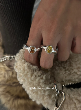 mapuce 韩国s925通体银椭圆手工镶嵌宝石香槟色高级感开口戒指女