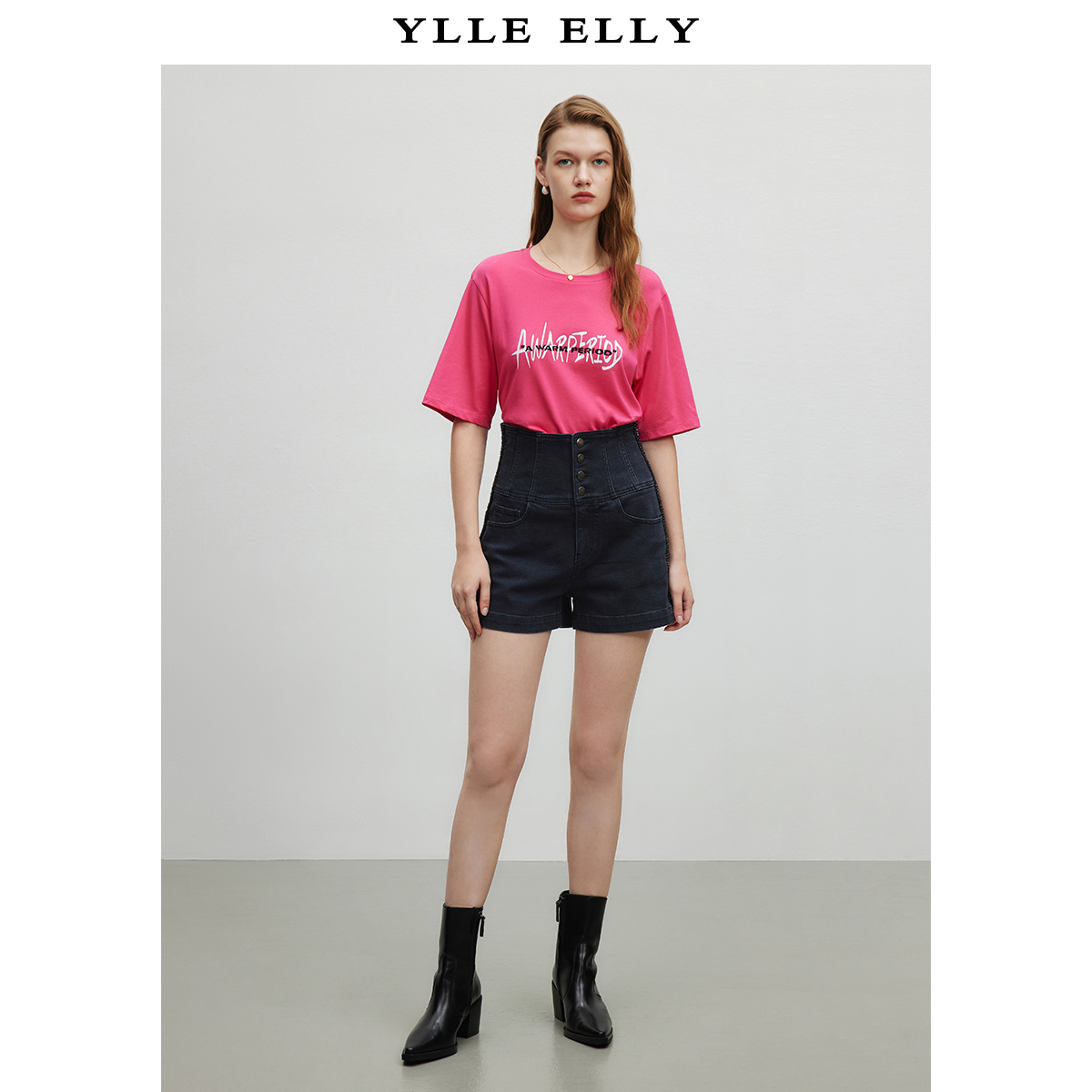 YLLE ELLY 秋装新品高腰棉质牛仔短裤休闲阔腿裤 - 图2