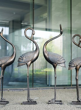 户外仙鹤雕塑水池玻璃钢庭院室外仿铜装饰抽象中式丹顶鹤景观摆件