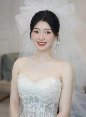 2024新款头纱抓泡云朵蓬蓬头纱韩式新娘摄影造型街拍婚纱跟妆白色