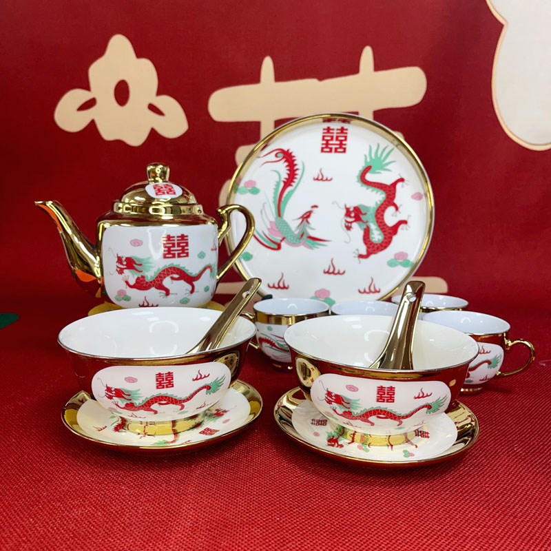 Change the mouth to worship tea cup wedding tea set wedding bowl set wedding cup golden pot wedding bridal bride dowry gift
