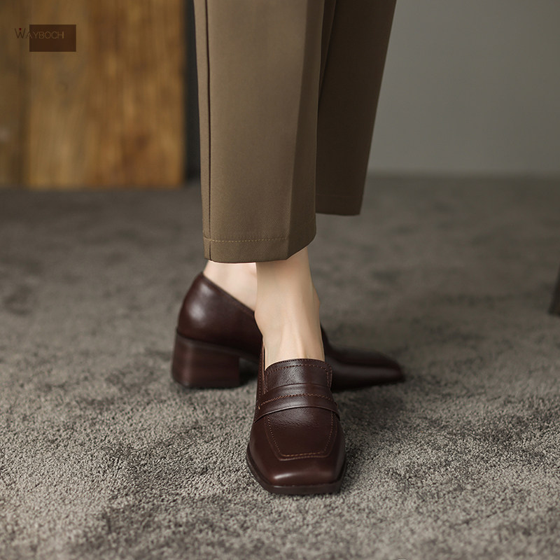 真皮方头中跟单鞋子 粗跟女士单皮鞋 春秋深口鞋工作鞋复古风女鞋,淘宝优惠券,粉丝福利购,淘宝优惠卷