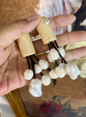 Monies风中古vintage小众资深手作牛角拼搭巴洛克珍珠流苏款耳钉