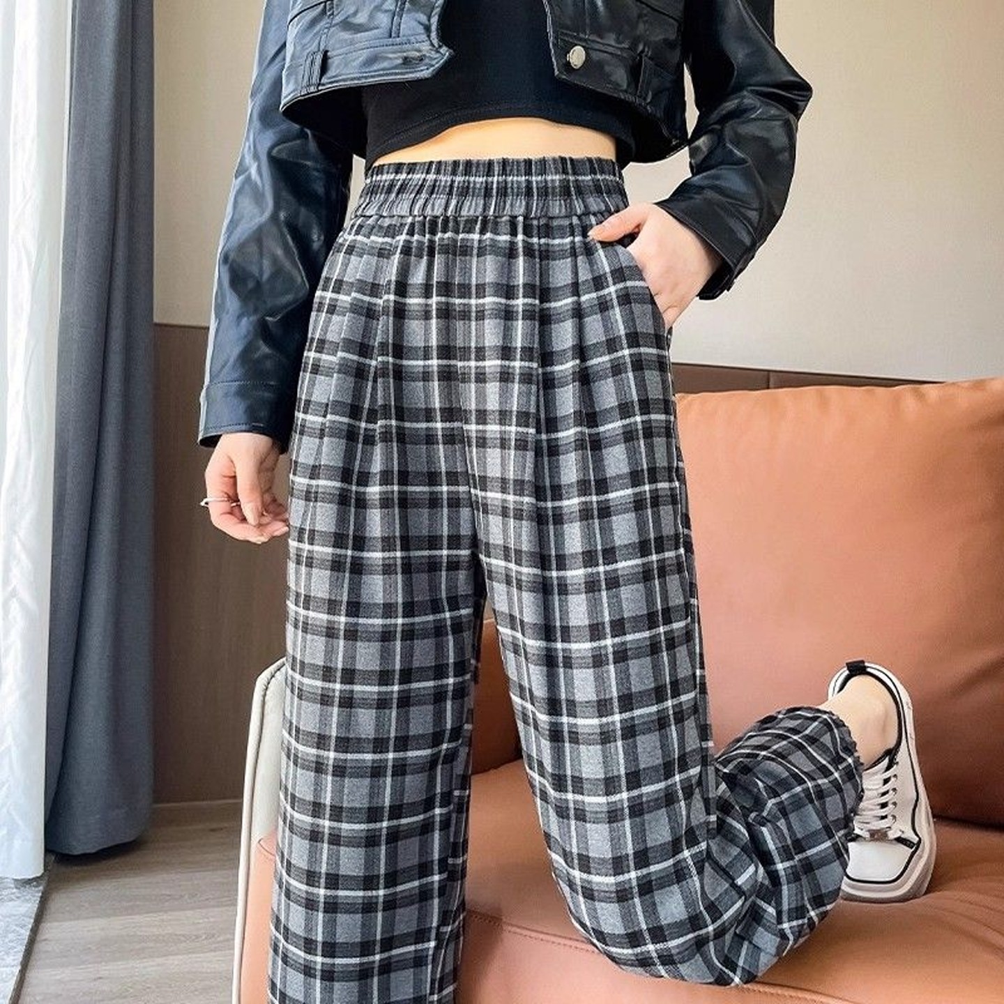 春秋冬2026新款格子休闲裤女大码加绒加厚束脚萝卜宽松哈伦运动裤,淘宝优惠券,粉丝福利购,淘宝优惠卷