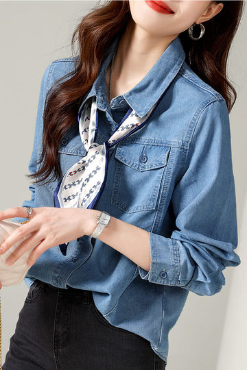 Outlet brand counter foreign trade women's clothing clearance women's clothing with scarf fashionable temperament versatile denim shirt