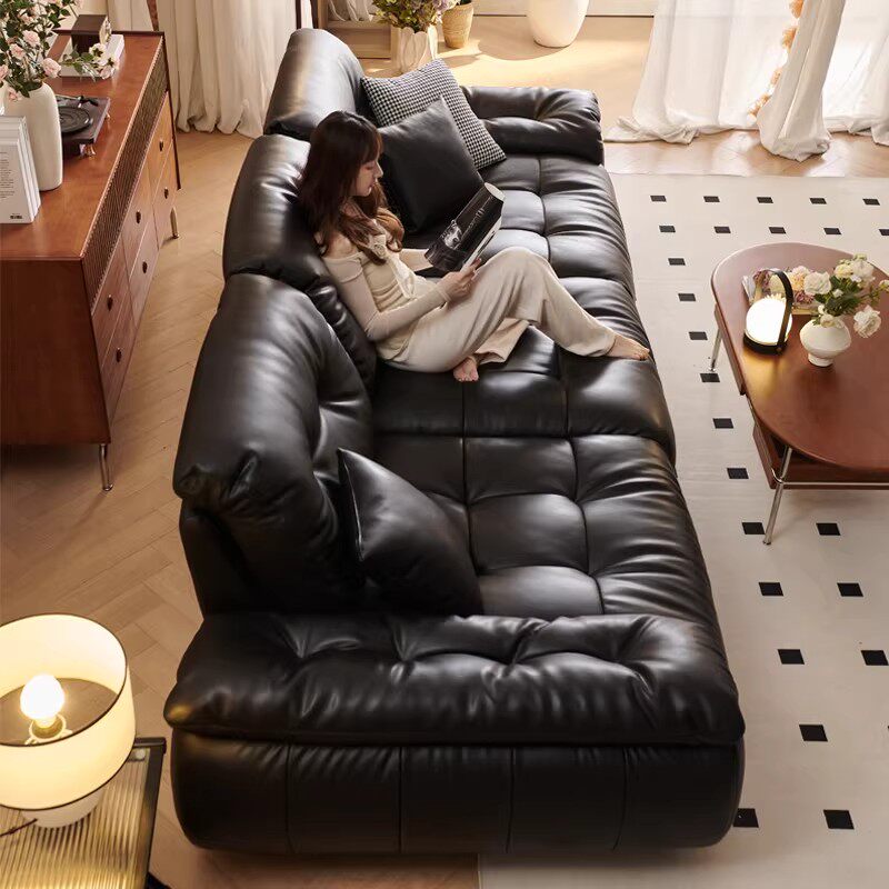 云漫真皮沙发极简客厅意式中古可调节靠背大坐深直排皮艺沙发组合