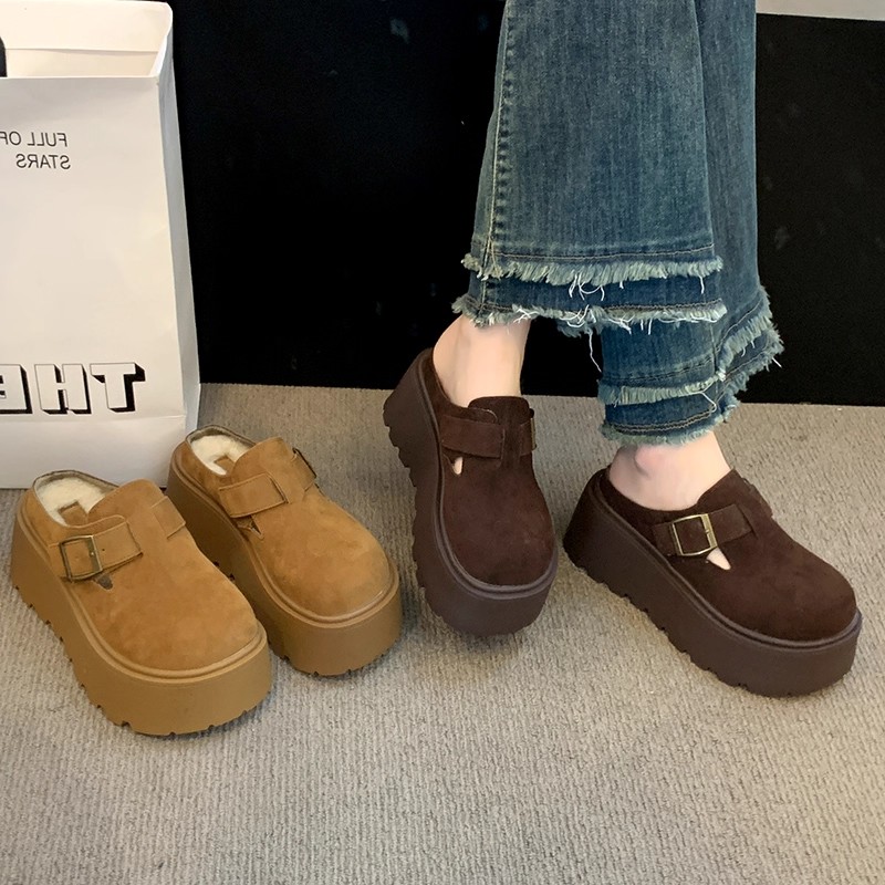 复古包头半拖鞋女外穿2025年新款懒人一脚蹬厚底增高勃肯鞋乐福鞋 - 图0