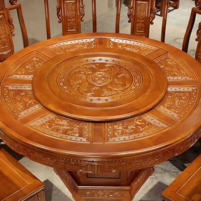 乡下加厚仿古酒店带转盘组合雕花餐桌椅圆桌全实木热销家用大中式,淘宝优惠券,粉丝福利购,淘宝优惠卷
