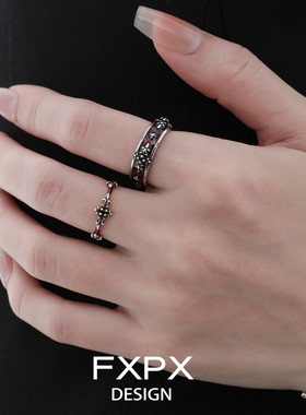 FXPX原创纯银做旧暗红鸢尾戒指小众设计情侣对戒开口可调节食指戒