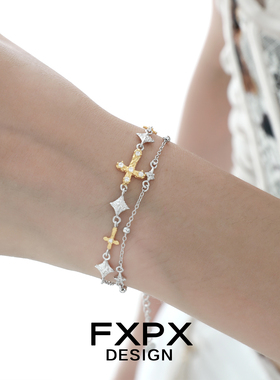 FXPX金色十字架纯银双层手链小众设计轻奢高级感手腕配饰2024新款