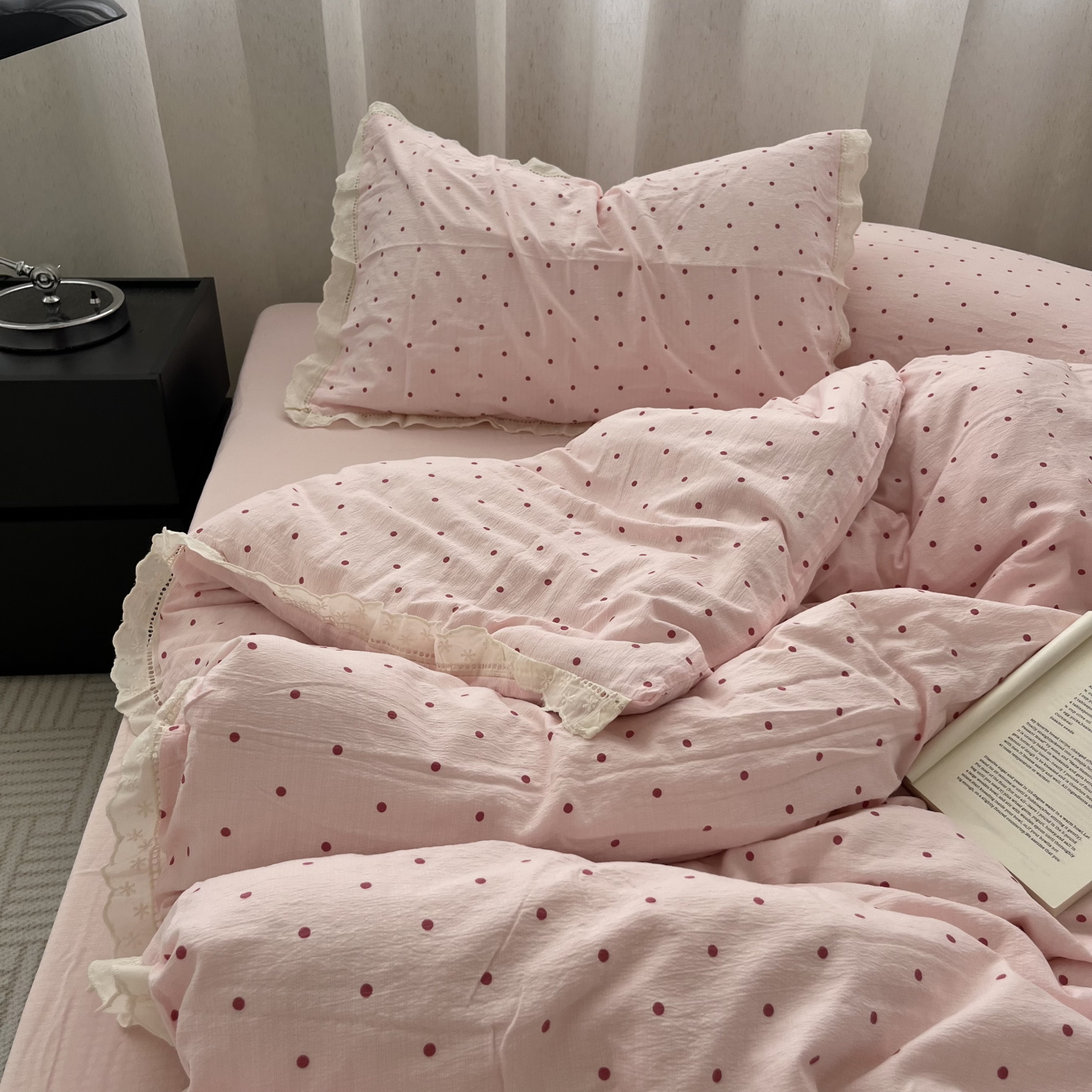 ins少女心粉色波点花边水洗棉床单四件套全棉被套纯棉学生三件套 - 图1
