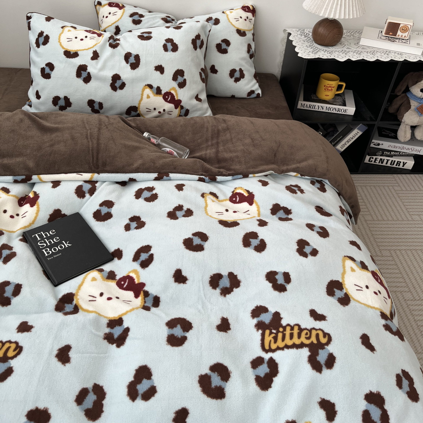 秋冬ins简约可爱豹纹猫咪加厚牛奶绒四件套珊瑚绒被套床单三件套,淘宝优惠券,粉丝福利购,淘宝优惠卷