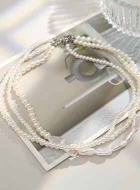 Vintage pearl necklace chain women法式复古珍珠项链叠戴锁骨链