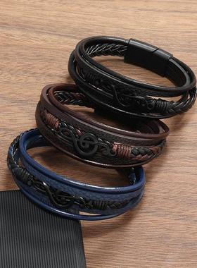 跨境新款覆古创意男士手炼 音乐符号简约皮质多层手环 磁吸扣饰品