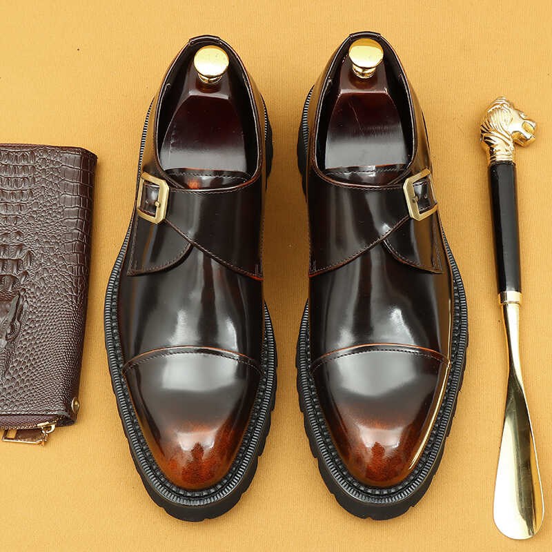 三接头男鞋真皮厚底增高男款商务鞋英伦漆皮亮面休闲搭扣正装皮鞋 - 图0
