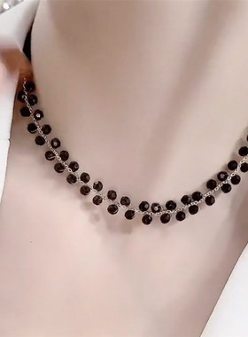 可抽拉小众设计感黑色水晶项链女轻奢高级感法式时尚锁骨链颈链潮