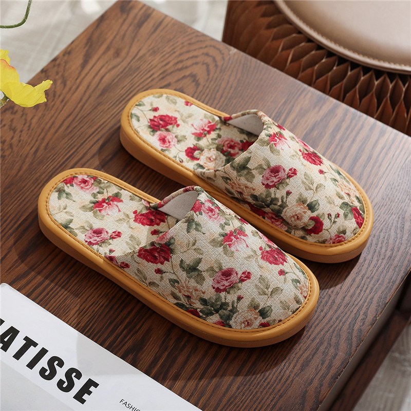 Spring and Autumn courtyard indoor home fabric linen slippers fashionable printed thick-soled rubber outsole wear-resistant anti-slip slippers