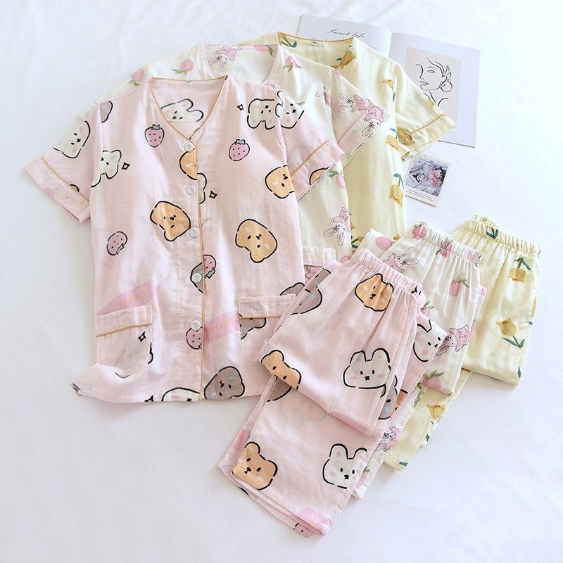 带胸垫短袖长裤夏季薄款纯棉麻睡衣套装女款双层纱布免文胸家居服,淘宝优惠券,粉丝福利购,淘宝优惠卷