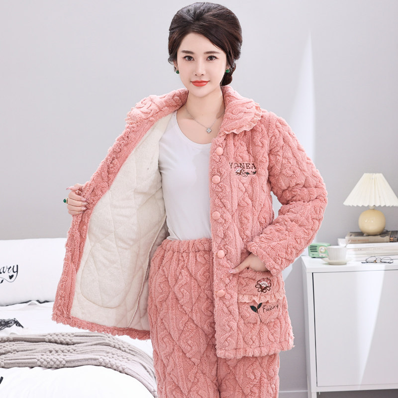 2025年新款秋冬季珊瑚绒睡衣中老年女士加厚加绒三层夹棉妈妈套装,淘宝优惠券,粉丝福利购,淘宝优惠卷
