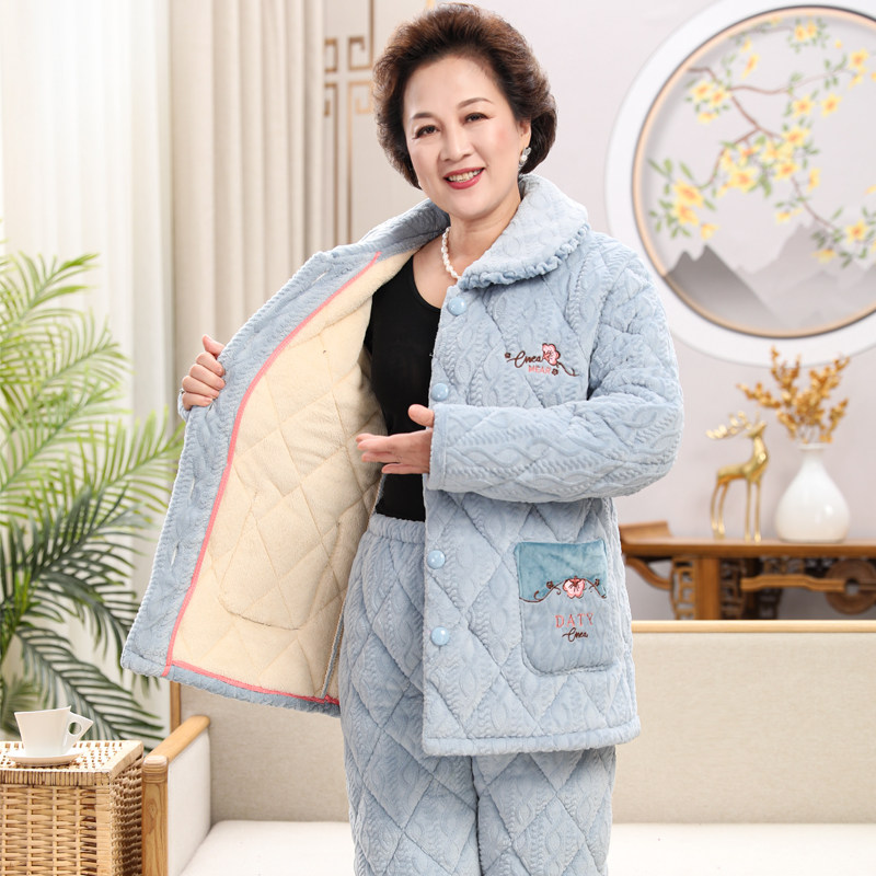 睡衣女秋冬季款珊瑚绒加厚加绒中老年妈妈三层夹棉保暖家居服套装,淘宝优惠券,粉丝福利购,淘宝优惠卷